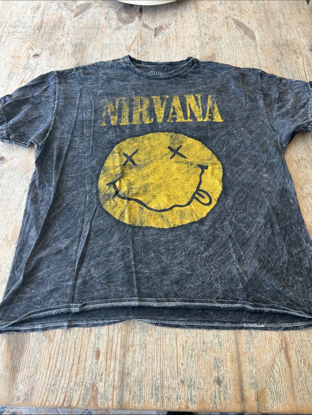 NIRVANA Black Tee with Yellow Smiley Graphic